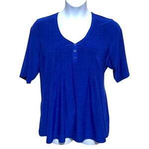 Elie McCarthy Blue Tunic V Neck Blouse Plus 3X Pleated Henley Flowy Stretch Boho
